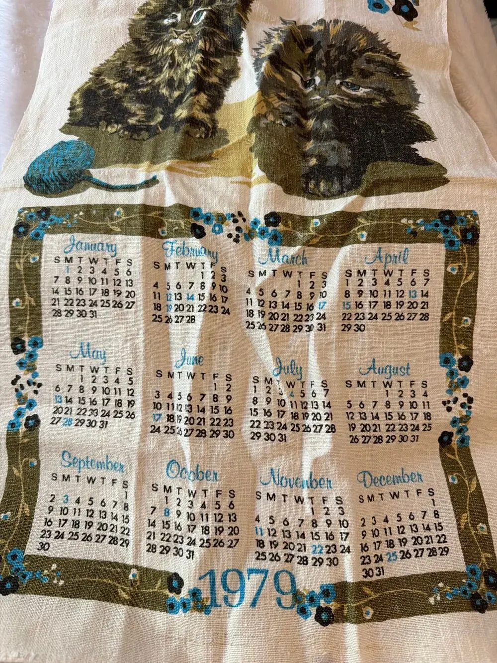 Vtg 1979 Cat Kitten Calendar Tea Towel Linen Wall Hanging Retro Kitchen Decor